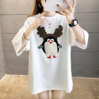 Elbow-sleeve Penguin Embroidered T-shirt