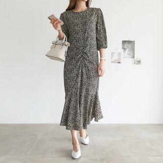 Shirred-trim Pattern Midi Dress