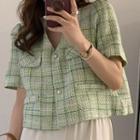 Short-sleeve Tweed Button Blouse
