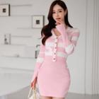 Set: Striped Cardigan + Spaghetti Strap Mini Bodycon Dress Pink & White - One Size