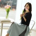V-neck 3/4-sleeve Color-block Flared Dress