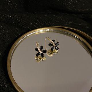 Sterling Silver Rhinestone Flower Stud Earring 1 Pair - Gold & Black - One Size