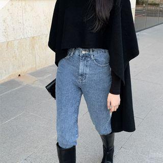 Turtle-neck Asymmetric Cape Knit Top