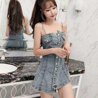 Spaghetti Strap Asymmetric Buttoned A-line Mini Denim Dress