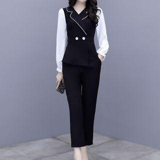 Set: Mock Two-piece Puff-sleeve Double-breasted Blouse + Straight Leg Pants