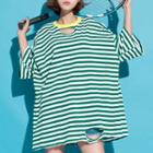 Ripped Striped Oversized 3/4-sleeve T-shirt