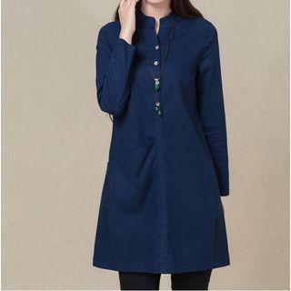 Plain Long-sleeve Linen Cotton Dress