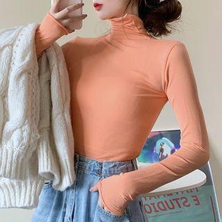 High-neck Plain Long-sleeve T-shirt