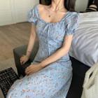 Floral Puff-sleeve Cutout-back Midi A-line Dress