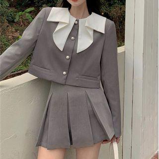 Doll-collar Button-up Jacket / Mini Skirt