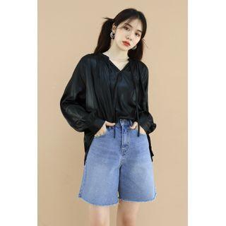 Tie-neck Textured Blouse Black - One Size