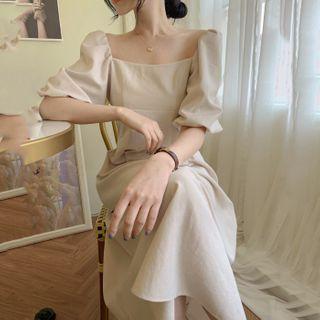 Square-neck Elbow-sleeve Plain Maxi Dress Almond - One Size