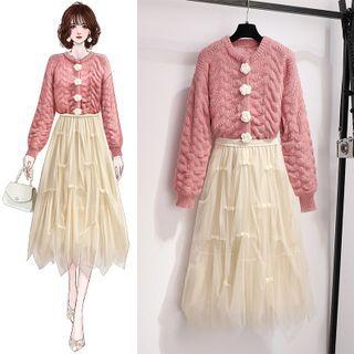 Round Neck Cardigan / Mesh Midi A-line Skirt / Set