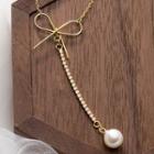 925 Sterling Silver Bow Faux Pearl Pendant Necklace Gold - One Size