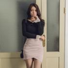 Wrap-front Lace-cuff Slim-fit Top