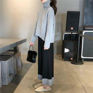 Plain Turtle-neck Loose-fit Sweater / Color-block Loose-fit Pants