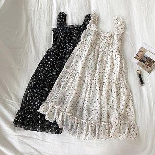 Floral Ruffled Trim Chiffon Sleeveless Dress