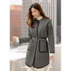 Round-neck Herringbone Coat With Belt Black - One Size