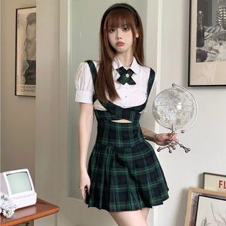 Puff-sleeve Crop Shirt / Plaid Pleated Overall Dress