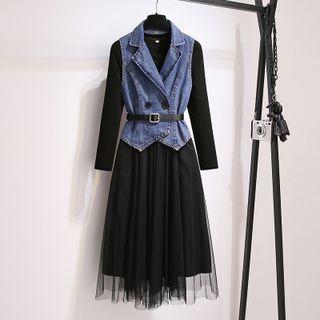Set: Long-sleeve A-line Mesh Dress + Denim Vest