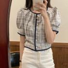 Puff-sleeve Plaid Blouse White - One Size