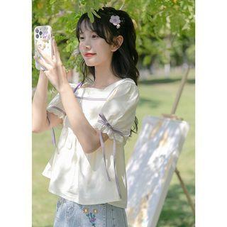 Short-sleeve Square Neck Blouse Purple - One Size