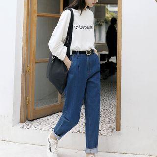 High Waist Straight Cut Jeans Dark Denim Blue - M