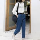 High Waist Straight Cut Jeans Dark Denim Blue - M