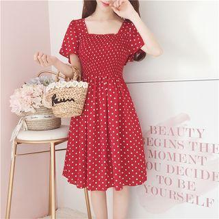 Dotted Short Sleeve A-line Chiffon Dress