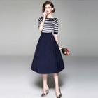 Set: Off-shoulder Striped Elbow-sleeve Knit Top + High Waist A-line Skirt