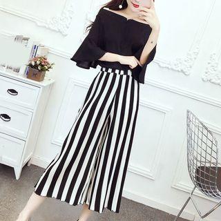 Set: Off-shoulder 3/4-sleeve Top + Cropped Wide-leg Pants