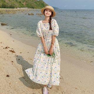 Puff Sleeve Square Neck Dotted Midi A-line Dress