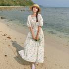 Puff Sleeve Square Neck Dotted Midi A-line Dress