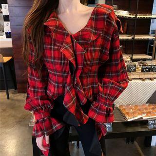 Plaid Blouse Plaid - Red - One Size