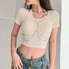 Short Sleeve Mock Two Piece Halter Neck Chain Detail Crop Top