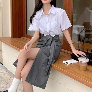 Elbow-sleeve Shirt / Tie-waist Midi Skirt