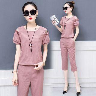 Set: Cold-shoulder Ruffled Blouse + Capri Straight-cut Pants