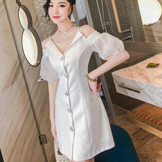 Cold-shoulder Rhinestone Buttoned Mini A-line Dress