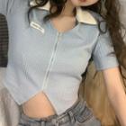 Short-sleeve Zip-up Collared Top