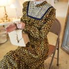Frill-neck Velvet-trim Long Floral Dress