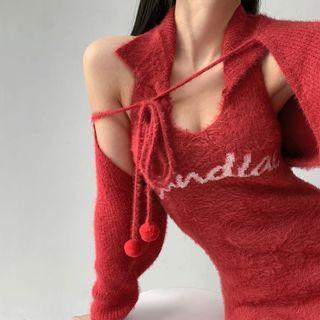 Printed Letter Skinny Mini Dress With Cardigan