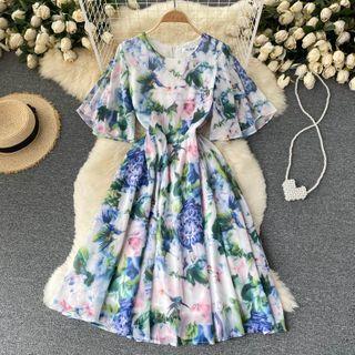 Round-neck Print Chiffon Dress