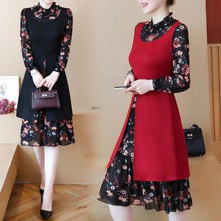 Mock Two-piece Flower Print Long-sleeve A-line Dress