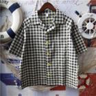 Elbow-sleeve Gingham Shirt Yellow Floral - Plaid - Dark Gray & White - One Size