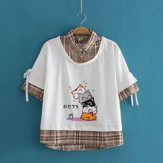 Mock Two Piece Cat Print Gingham Short Sleeve T-shirt