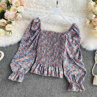 Square-neck Ruched Chiffon Ruffle Floral Long-sleeve Top