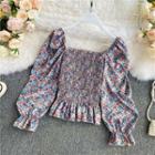 Square-neck Ruched Chiffon Ruffle Floral Long-sleeve Top