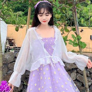 Spaghetti Strap Floral Mesh Midi Dress / Chiffon Tied Shirt