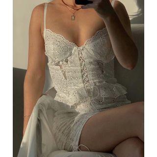 Spaghetti Strap Lace-up Eyelet Lace Mini Dress