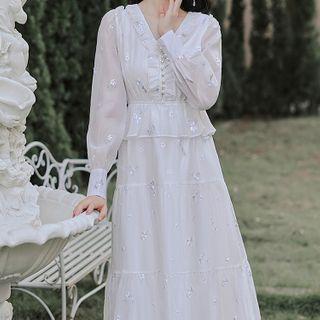 Puff-sleeve Floral Dot Midi Dress